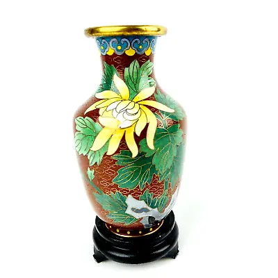 Vintage Asian Chinese Cloisonne Vase Red Floral 5 Inch Tall Plus Wooden Stand • $29.99