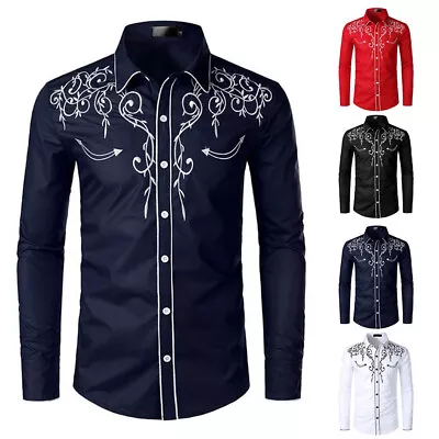 Mens Western Cowboy Shirt Long Sleeve Retro Embroidery Casual Buttons Down Shirt • £3.64