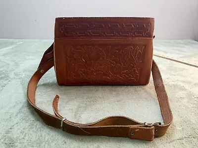 Vintage Mexican Tooled Leather Messenger Boho Hippie Handbag Bag Mexico • $24.15