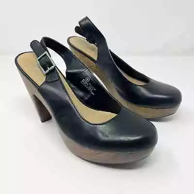G21 Alyssa Faux Leather Wood Heel Slingback Black Pumps Size 8 • $14.99