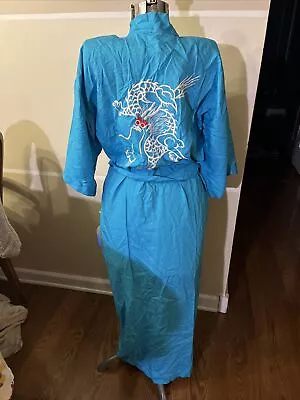 Vintage M Japanese Kimono Long Turquoise Embroidered Dragon Robe Lounge Wear • $19.80