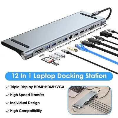 12-in-1 Laptop Docking Station Type-C HUB HDMI Adapter 4K USB 3.0 VGA PD SD TF • $62.89