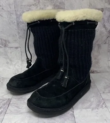 UGG Black Suede Suburb Crochet Knit Shearling Sweater Boots 5124 Sz 6 M • $22.99