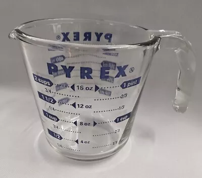 PYREX Glass 2 Cup 500 Ml 1 Pint Measuring Bowl Blue Print Made In USA Vintage • $19