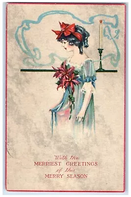 C1910's Merriest Greetings Pretty Woman Poinsettia Flowers Volland Postcard • $29.95