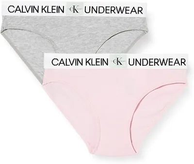 Calvin Klein Girls 2 Pack  Bikini Brief Pink & Grey 12-14 Years Pants Minigram • £21.99