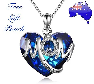 MOM I LOVE YOU Blue Crystal Heart Pendant 925 Sterling Silver Necklace Mum Gift • $11.95