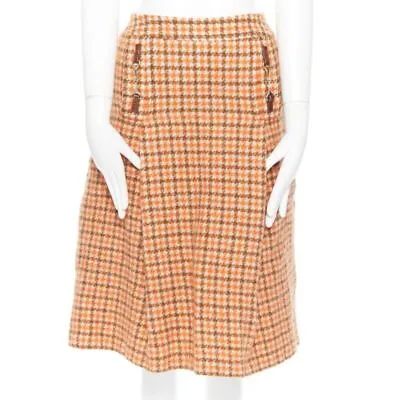 Vintage CELINE 1980 Orange Check Wool Pleat Skirt Leather Horsebit Cuff FR44 XXL • $198