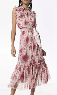 ZIMMERMAN Silk Wavelength Tank Frilled Pink MIDI Dress BNWT Size 2 RRP $695.00 • $395