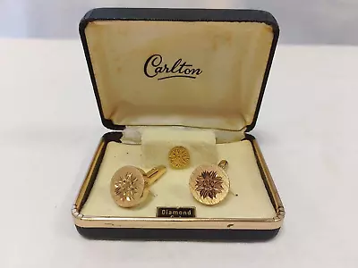 Vintage Carlton Diamond Cut Cufflinks & Button Set: Gold Tone • $6.22