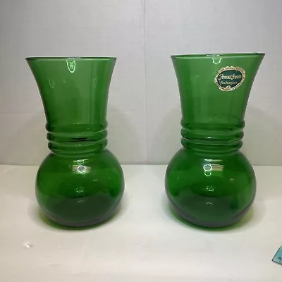 2 Vintage Anchor HockingForest Green Ribbed Glass Trumpet Vases • $18