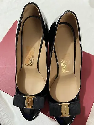 Salvatore Ferragamo Vara Black Patent Leather Wedge Pumps Size 8C • $95