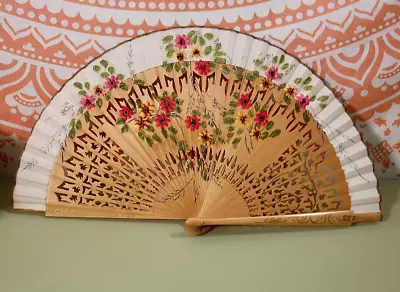 £19.50 • Buy Vintage Wooden Folding Floral Fan Old Wood Fan Old Wall Floral Art