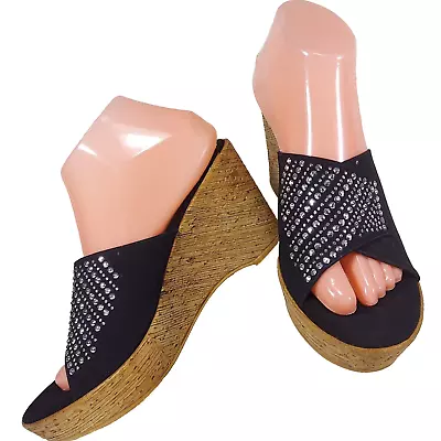 Onex Size 9 10 ? Platform Wedge Sandals 3.5 Heel Black Rhinestone Studs Stretch • $39.98