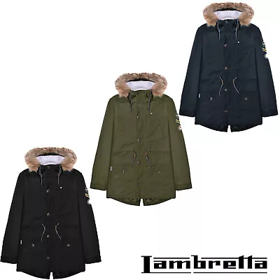 Mens Lambretta Fishtail Parka Warm Winter Fur Trim Hooded Coat Quilted Lined • £69.95