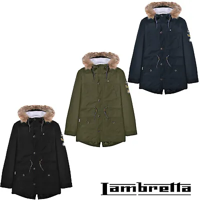 Mens Lambretta Parka Coat Fishtail Warm Lined Fleece Hooded MOD Padded UK S-4XL • £69.95