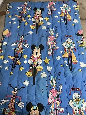 Vintage 80s Mickey Mouse Riding Bicycle Blanket Bedspread Twin Comforter Bikes K • $34.99