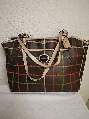 Coach Peyton Tattersall Leather Tote Handbag Purse Brown Striped Good Condition  • $30