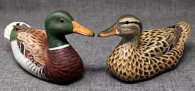 VTG PR Mallard Ducks Hand Painted Carved Wood 7.5  Long EPOC Gorgeous Detail! • $42.99