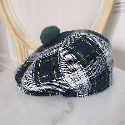 Vtg MINT Made In Scotland 100% Wool Tartan Plaid Peak Front Golf Cap W/ Pom SM • $40