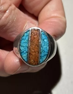 Men’s Sterling Silver Turquoise & Coral Chip Inlay Ring Size 11 Stamped Sterling • $115