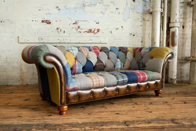 Unique Handmade 3 Seater Multi Colour Wool & Leather Patchwork Chesterfield Sofa • £2195