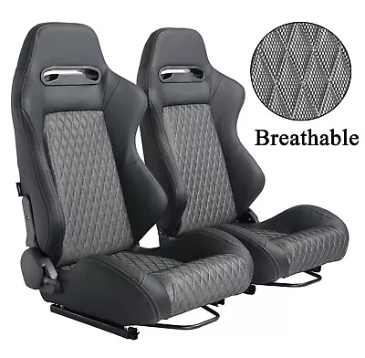 Recline Bucket Racing Seats With Sliders Black Leather Sliver Breathable Fabric • $351.99