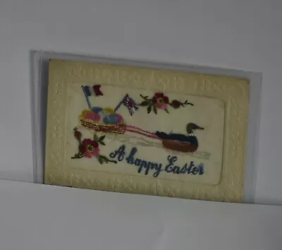WWI - Silk Embroidered Postcard - French & UK Flag   A Happy Easter   • £9.99