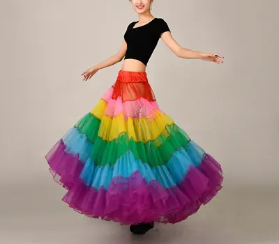 Rainbow A-Line Mesh Multicolored Maxi Tutu Skirt Pleated Floor Length Petticoat • £25.06