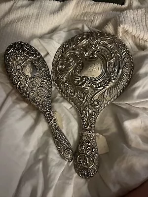 VINTAGE 2 PIECE VANITY MIRROR AND BRUSH SET HEAVY Silver Chester 1909 • $150