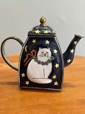 Vintage Kelvin Chen White Cat W/ Moon & Stars Miniature Enamel Copper Teapot • $29.99