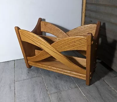 Vintage Mid Century Modern Sculptural Solid Oak Wood Magazine Rack X • $112.50