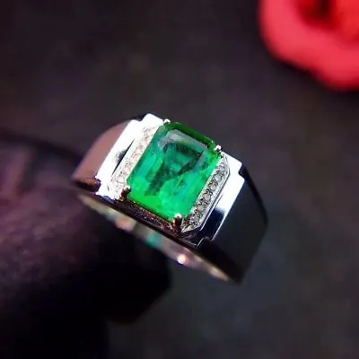 Certified Natural Men Colombian Emerald And Zircon Ring Sterling Silver S925 • £166.99