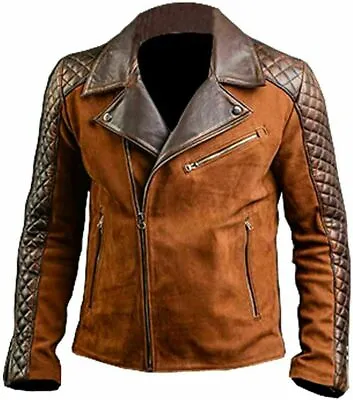 Men's Biker Quilted Vintage Cafe Racer Distressed Brown Real Leather Jacket • $130.72