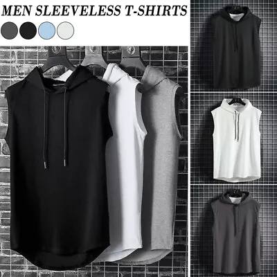Men Gym Sleeveless Hoodie Vest Fitness Sports Muscle Hooded T-Shirt Tank Top • £6.59