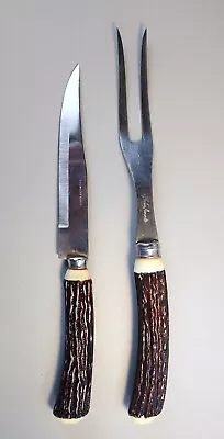 Vintage Faux Wood Antler Bakelite Handle Meat Carving Serving Set Crown Awards • $11.25