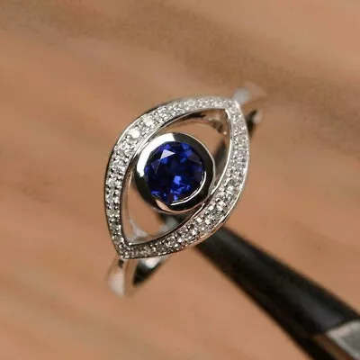 2.64 Ct Round Cut Simulated Blue Sapphire Evil Eye Ring 14k White Gold Plated • $69.99