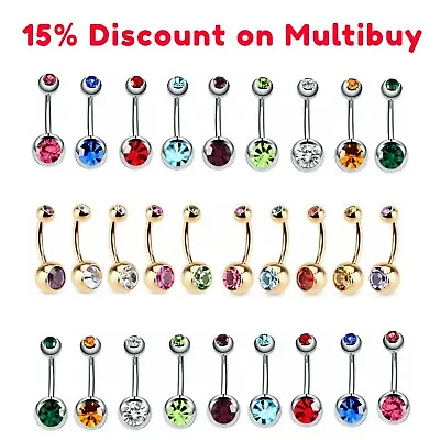 £1.99 • Buy 316L Surgical Steel Belly Bar Coloured Navel Double Crystal Cubic Zirconia Bar