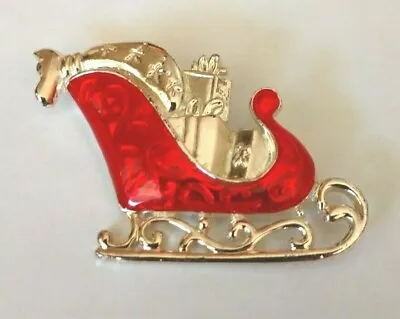 VTG Christmas Sleigh Sled Red Enamel Silver Tone Brooch Pin Jewelry Santa Claus • $9.99