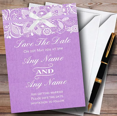 Vintage Lilac Purple Burlap & Lace Personalised Wedding Save The Date Cards • £9.99