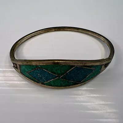 Silver Plated Malachite Turquoise Stones Inlay Southwest Hinged Retro Bracelet • $13.75