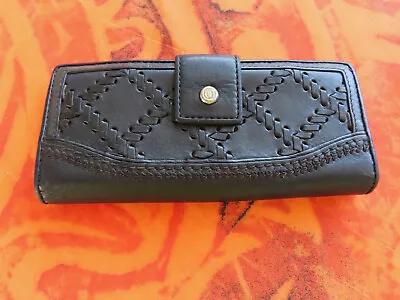 $25 • Buy Oroton Black Genuine Leather Woven Feature Slim Tab Wallet Ladies