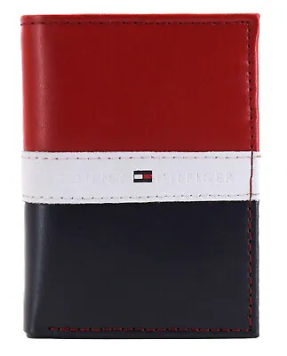 Tommy Hilfiger Men's Premium Leather Trifold Wallet Rfid Red Navy 31TL110022 • $27.29