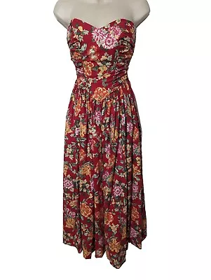 VTG Laura Ashley Strapless Boned Red Floral Dress Cottagecore Garden Size 8 • $126.65