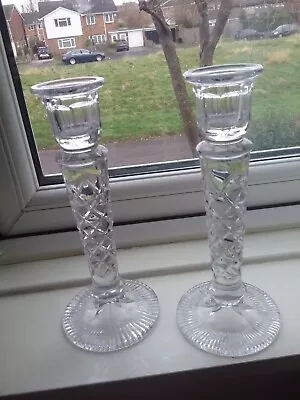 Pair Of Edwardian? Crystal Glass Candlesticks Diamond Cut Pattern • £25