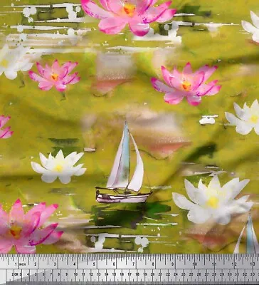 Soimoi Green Cotton Poplin Fabric Yacht & Lotus Flower Print Fabric-xlu • $9