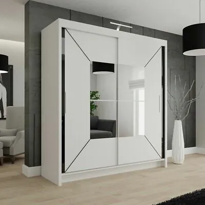 Modern Bedroom Double Sliding Door Wardrobe With LED LIGHT 3 COLOURS 4 SIZES • £399.99