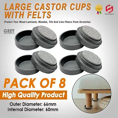 £4.99 • Buy 8 X Large GREY FELT PADDED CASTOR CUPS Floor Chair Furniture Protectors