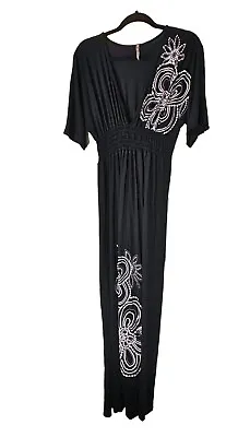 Yahada Large Black Embroidered Floral Print V-Neck Long Maxi Dress • $12.50