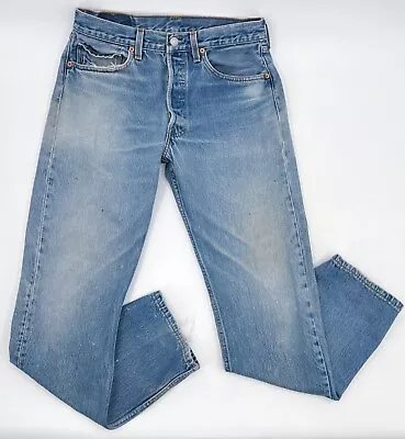 Vinage Levis 501 Jeans Mens 32 Blue Denim Button Fly Straight Leg Stained Worn • $69.99